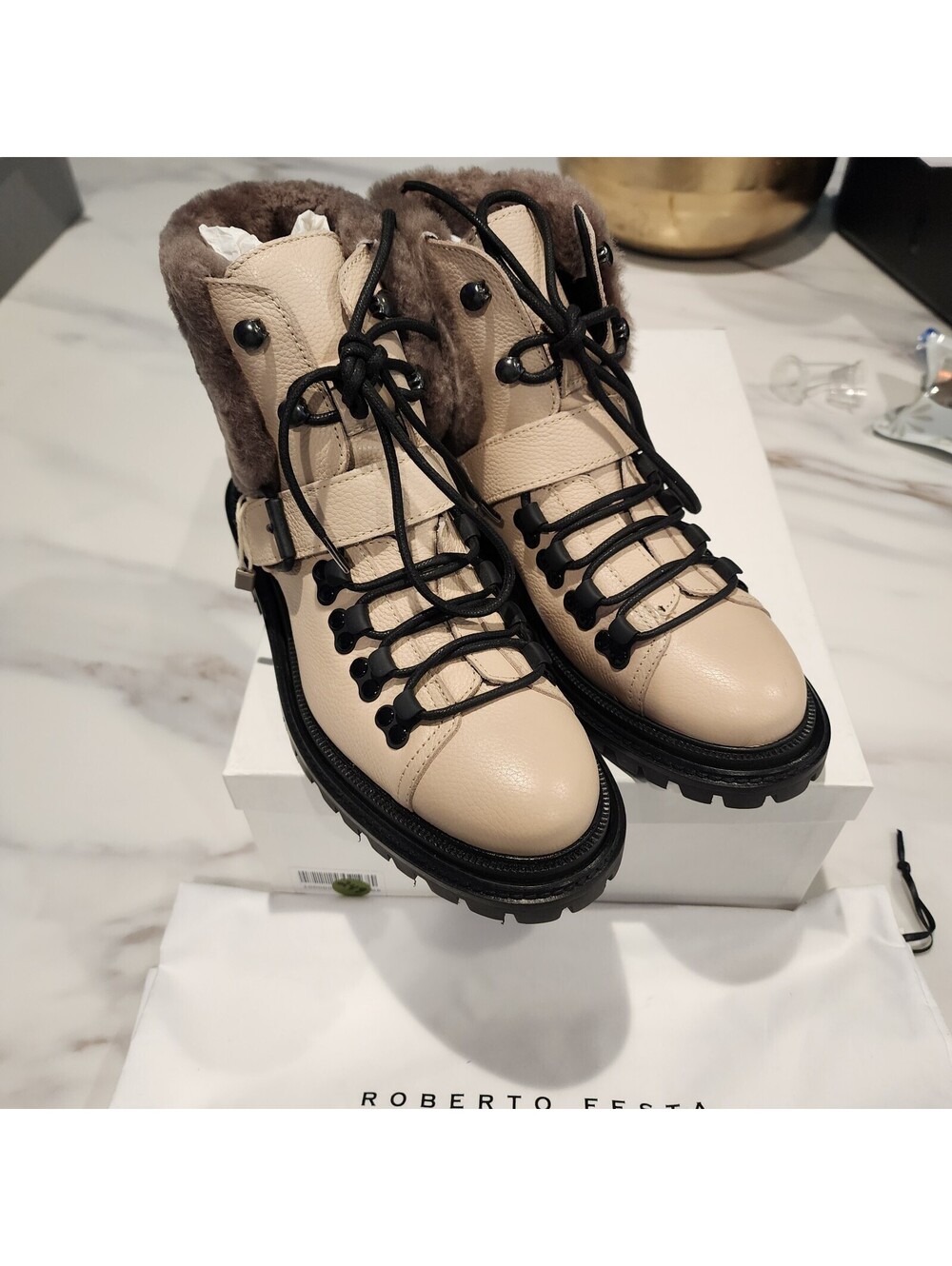 New Roberto Festa Beige Leather Shearling Lace-Up Boots 37 7 dustbag box